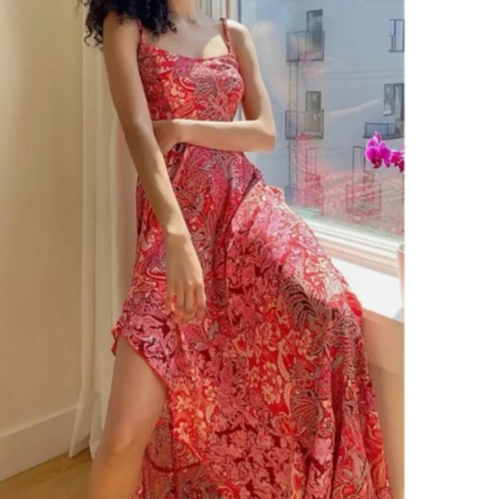 Free People Forever Yours Smocked Slip Dress Maxi Ruffled Slit Floral Red Sm NWT - Picture 12 of 16